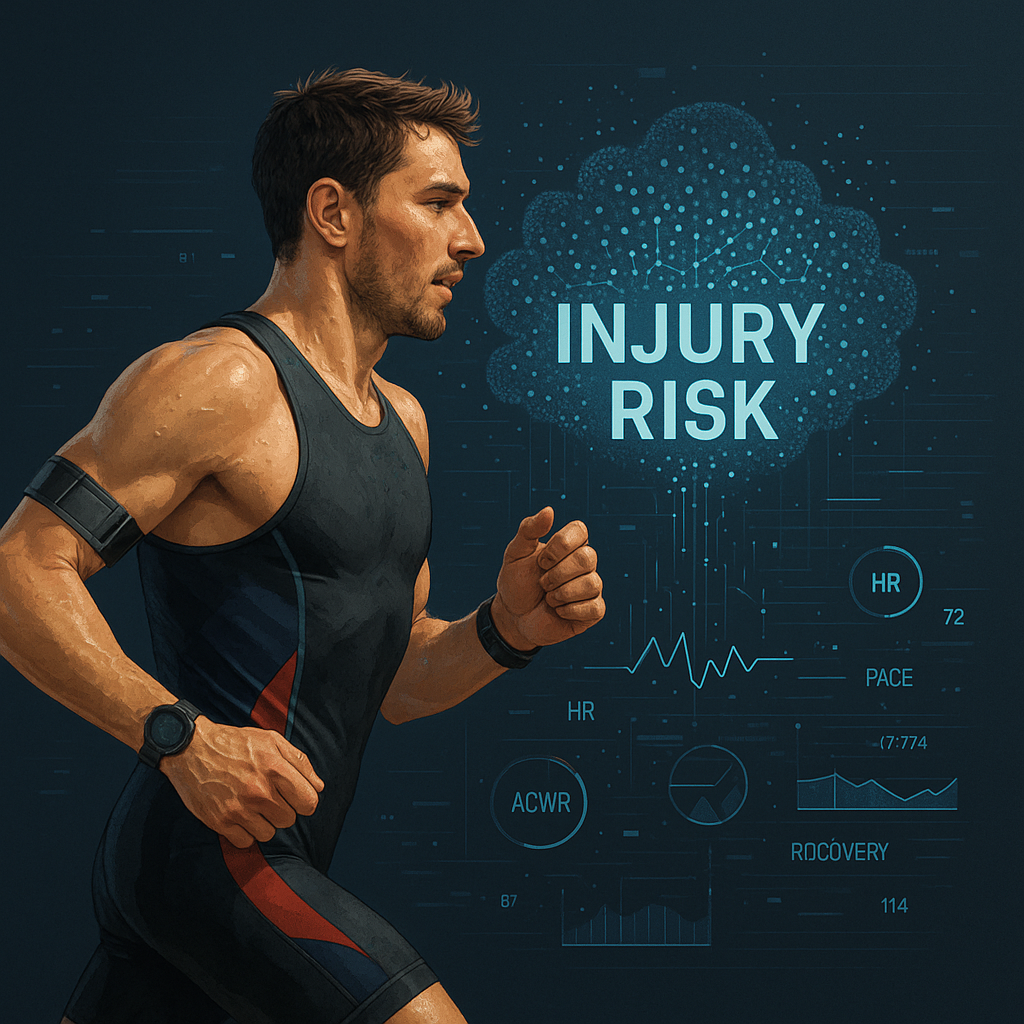 Triathlete running with futuristic AI data overlays showing injury prediction in triathlon