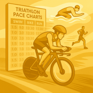Triathlon Pace Charts schema showing table of swim, bike, and run splits with icons of a swimmer, cyclist, and runner